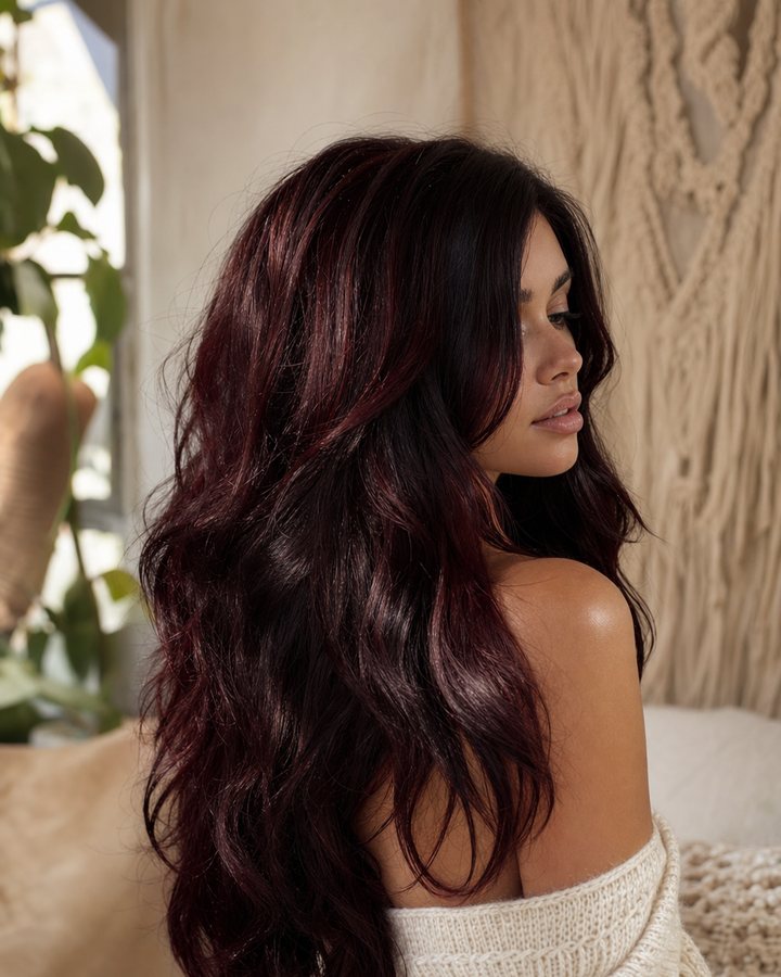 Cherry cola lived-in color — rich red-brown with soft dimension through the lengths by Kayla MacArthur in Auburn, CA.
