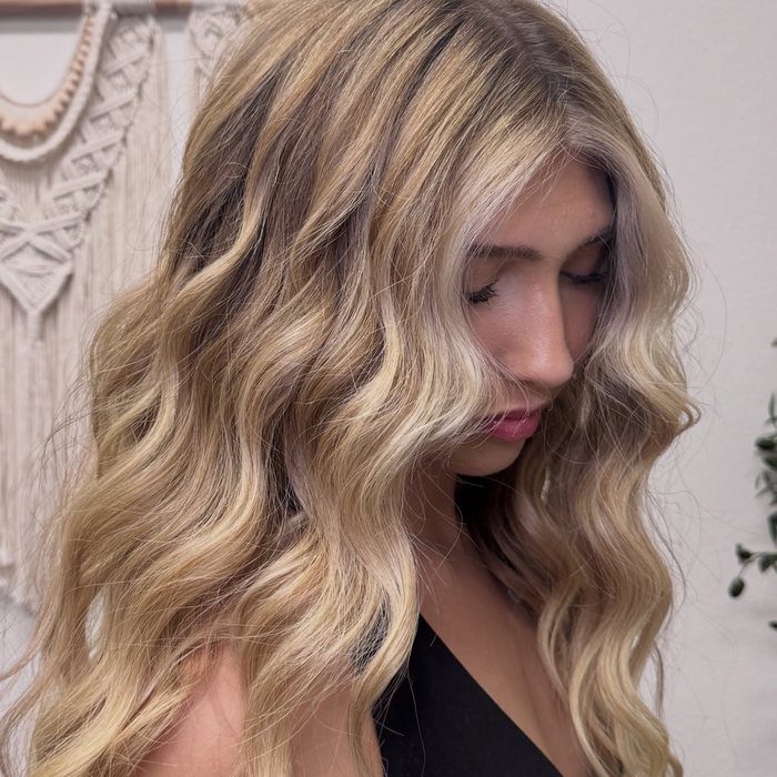 Face-framing money piece touch-up with high-shine gloss on blonde hair at Beauty by Kayla Mac, Auburn CA.
