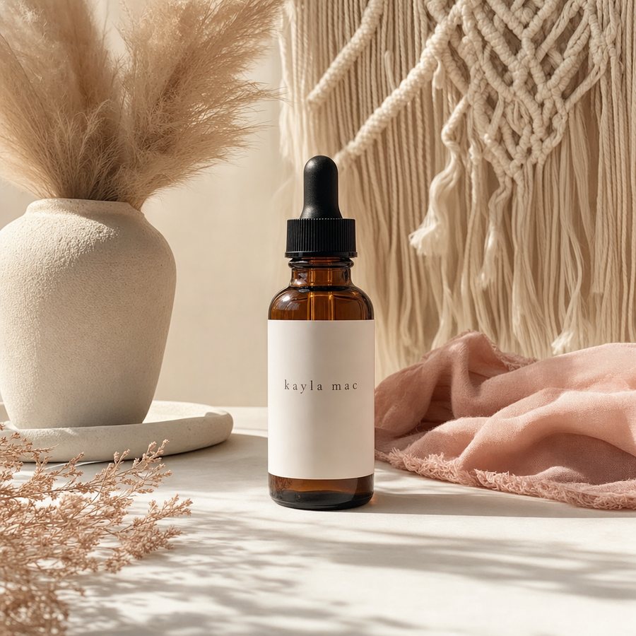 Kayla Mac Glass Hair Oil bottle on a cream boho backdrop.