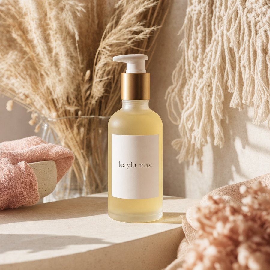 Kayla Mac Strengthening Hair Oil bottle on a cream boho backdrop.